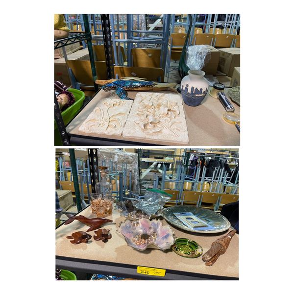 Group of Home Decor - Vases, Wall Art, Bowls, Wooden Figurines