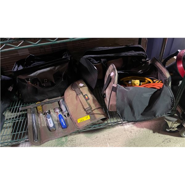 4 Canvas Tool Bags with Extension Cords and Assorted Tools
