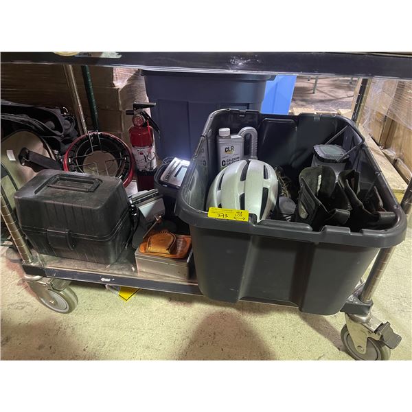 Shelf of Misc Items: Fire Extinguisher, Blood Pressure Monitor, Shoes, and More