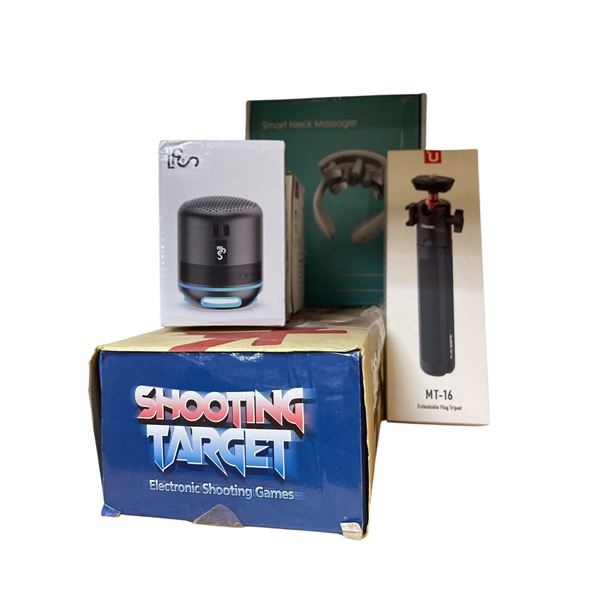 Group of 5 - New Smart Neck Massager, Vlogging Tripod, 2 Wireless Speakers, and Shooting Game