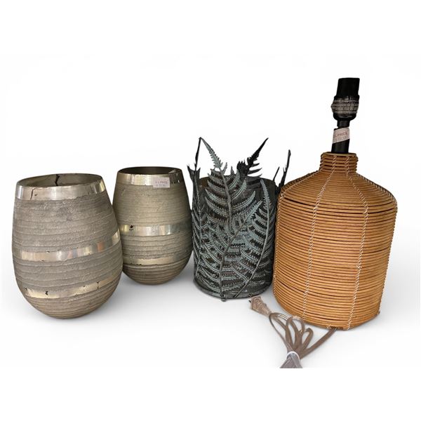 5 Home Decor - Rattan Wrapped Lamp Base and 3 Various Style Planters