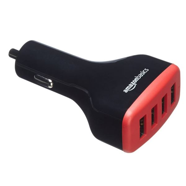 Amazon Basics 4-Port USB Car Charger (40-Pcs Box) 9.6A/48W, Black/Red, Apple & Android Compatible