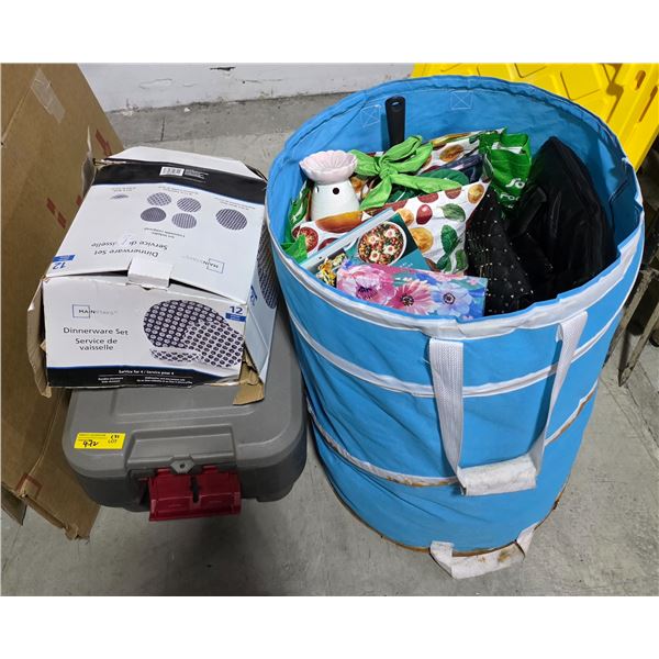 ActionPacker Storage Box, Set of Dinnerware, and Basket of Misc Household items