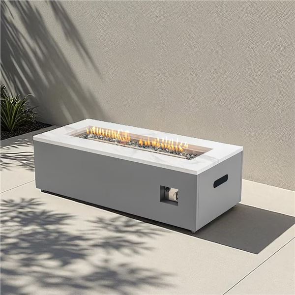 Paramount Aries Engineered Marble Convertible Propane Fire Table , Rectangular, White and Grey
