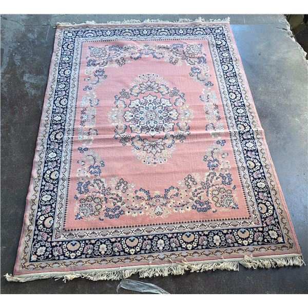 Tabriz Style Ornate Floral Border Persian Rug Salmon Pink & Navy Blue shade - Approx 94in x 66in
