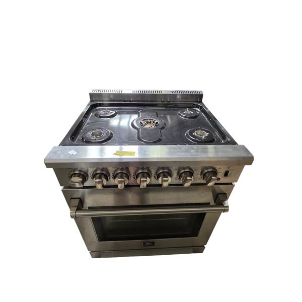 Forno Gas Range Oven - Missing cooktop grates and burner caps, door repair is required