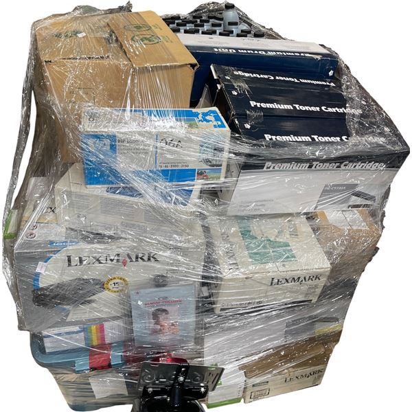 Pallet of Assorted Printer Toner Cartridges - Lexmark, HP,  Colour Laser Toner Bottles - mixed compa