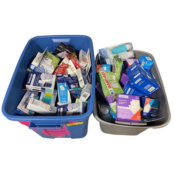 2 Bins of Assorted Pharmacy & First Aid Supplies