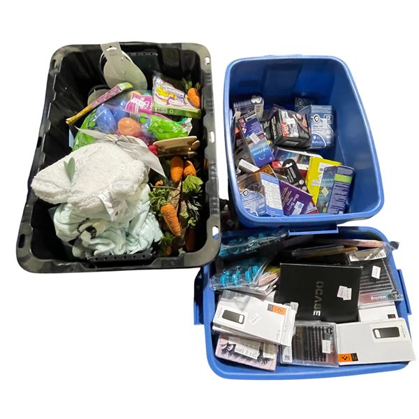 3 Bins of Mixed Pharmacy Supplies, Phone Cases, Household Items
