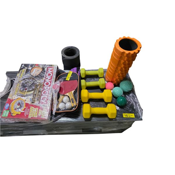 Group of Assorted Fitness Equipment Items - Dartboard, Dumbbells, Foam Roller, and More