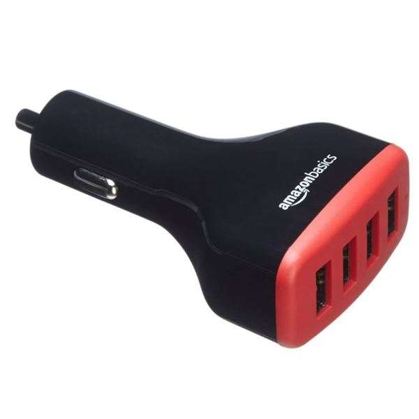 Amazon Basics 4-Port USB Car Charger (40-Pcs Box) - 9.6A/48W, Black/Red, Apple & Android Compatible