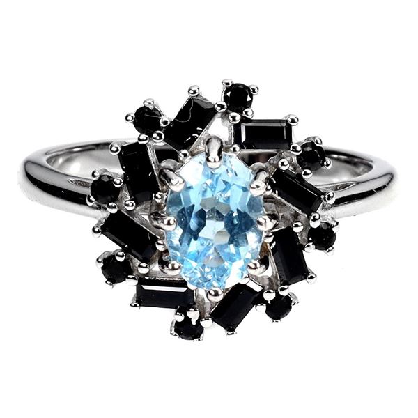 7X5 MM SKY BLUE TOPAZ AND VALUABLE BLACK SPINEL RING IN 14K WHITE GOLD OVER 925 STERLING SILVER - SI