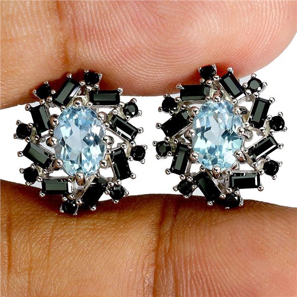 7X5 MM SKY BLUE TOPAZ AND SUPERB BLACK SPINEL EARRINGS IN 14K WHITE GOLD OVER 925 STERLING SILVER - 