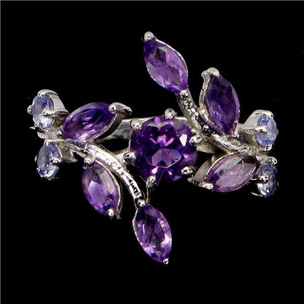 MARQUISE CUT AMETHYST AND 5 MM TANZANITE RING IN 14K WHITE GOLD OVER 925 STERLING SILVER - SIZE 7 - 