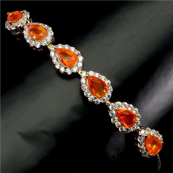 6X4 MM PEAR CUT FIRE ORANGE OPAL AND CZ IN 14K GOLD OVER 925 STERLING SILVER - 6.5 INCHES LONG - APP