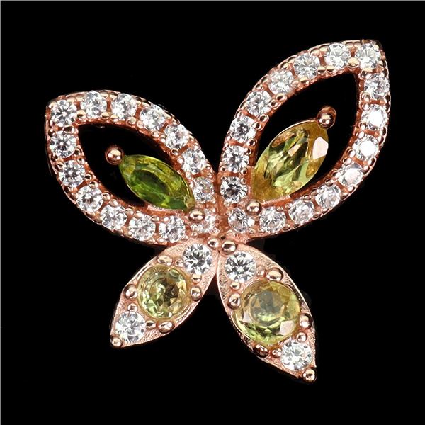 MARQUISE CUT PERIDOT, CHROME DIOPSIDE AND CZ BUTTERFLY-SHAPED RING IN 14K ROSE GOLD OVER 925 STERLIN