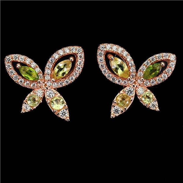 MARQUISE CUT PERIDOT, CHROME DIOPSIDE AND CZ BUTTERFLY-SHAPED EARRINGS IN 14K ROSE GOLD OVER 925 STE