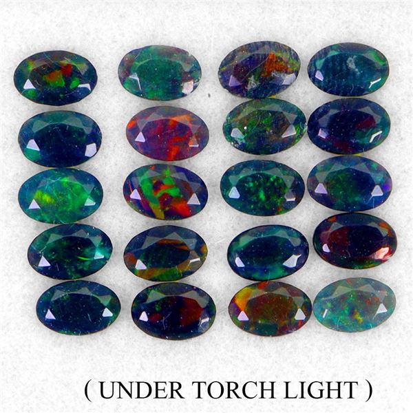 6 X 4 MM OVAL CUT AAA FLORAL PLAY OF COLOR BLACK OPAL 20 PCS, 4.84 CT. - APPRAISED REPLACEMENT VALUE