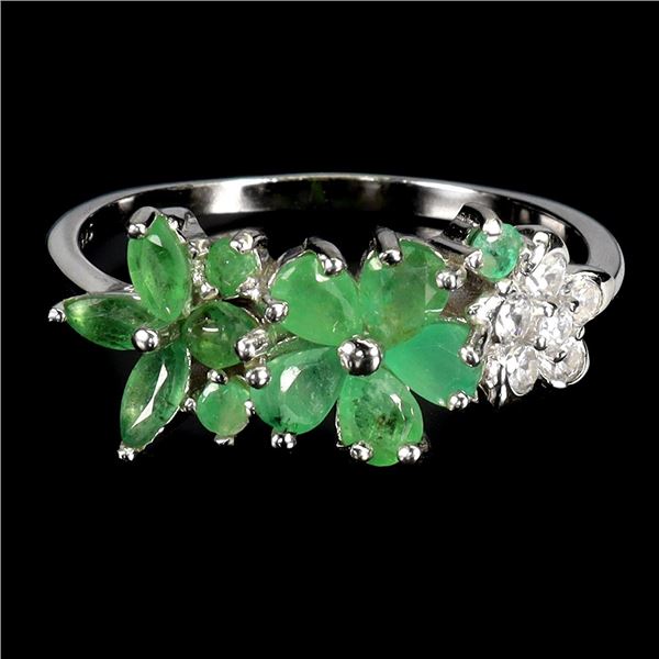 FLOWER-SHAPED RING WITH HIGH CLARITY EMERALD AND CZ IN 14K WHITE GOLD OVER 925 STERLING SILVER - SIZ