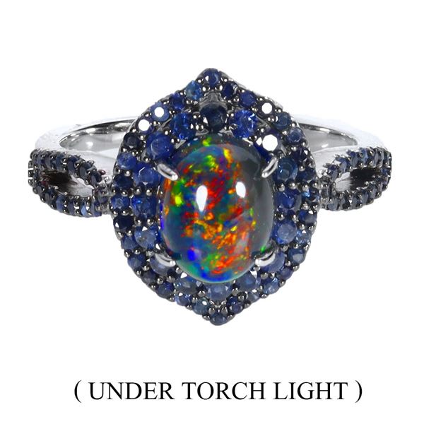 GORGEOUS BLACK OPAL AND SAPPHIRE RING IN 14K WHITE GOLD OVER 925 STERLING SILVER - SIZE 8 - APPRAISE