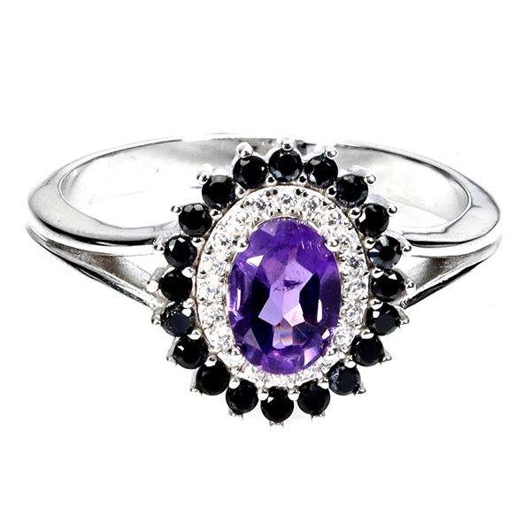 BIG 7X5 MM OVAL CUT AMETHYST AND BLUE SPINEL RING IN 14K WHITE GOLD OVER 925 STERLING SILVER - SIZE 