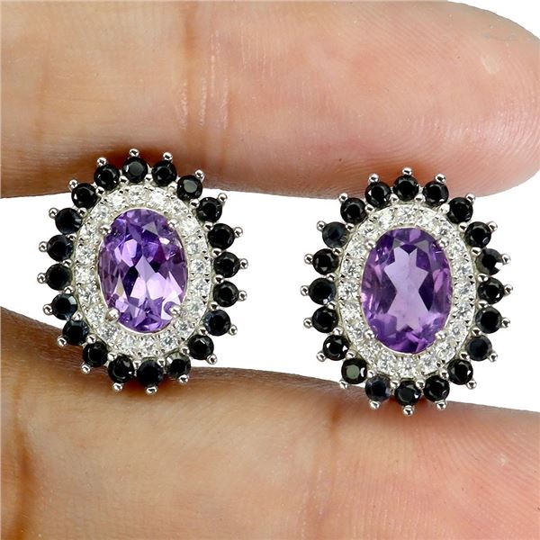 7X5 MM OVAL CUT AMETHYST AND BLUE SPINEL EARRINGS IN 14K WHITE GOLD OVER 925 STERLING SILVER - APPRA