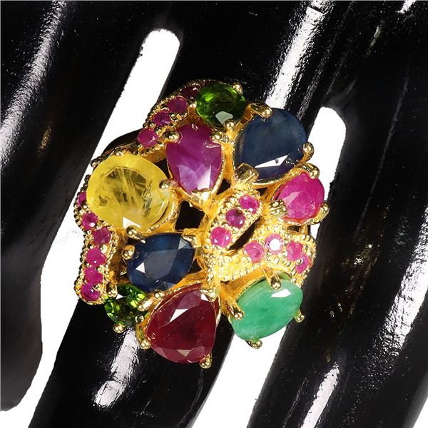 MULTI GEMSTONES (SAPPHIRE, EMERALD, RUBY, CHROME DIOPSIDE) RING 14K WHITE GOLD OVER 925 STERLING SIL