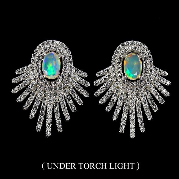 SUPERB CRYSTAL OPAL EARRINGS IN 14K WHITE GOLD OVER 925 STERLING SILVER - APPRAISED REPLACEMENT VALU