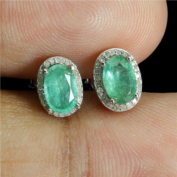 UXURIOUS EMERALD AND NATURAL DIAMONDS EARRINGS IN 14K WHITE GOLD OVER 925 STERLING SILVER - APPRAISE