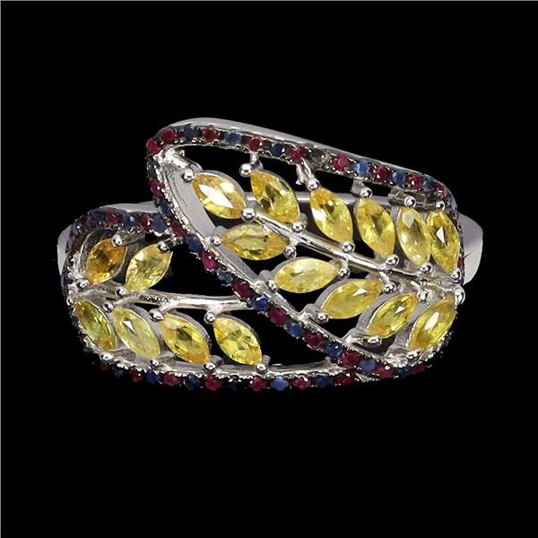 MARQUISE CUT UNTREATED CEYLON YELLOW SAPPHIRE RING WITH RUBIES AND BLUE SAPPHIRES IN 14K WHITE GOLD 