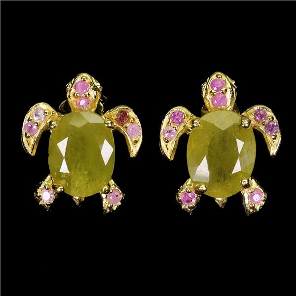 TURTLE-SHAPED YELLOW SAPPIRE AND RUBY EARRINGS IN 14K YELLOW GOLD OVER 925 STERLING SILVER - APPRAIS