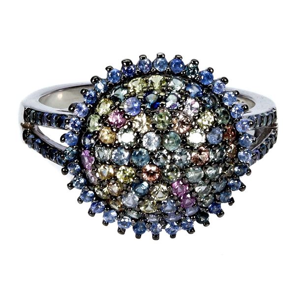 MULTI-COLOR ROUND DIAMOND CUT SAPPHIRE RING IN 2-TONE BLACK RHODIUM AND 14K WHITE GOLD OVER 925 STER