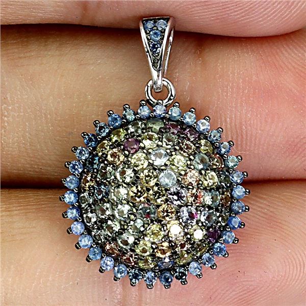 MULTI-COLOR ROUND DIAMOND CUT SAPPHIRE PENDANT IN 2-TONE BLACK RHODIUM AND 14K WHITE GOLD OVER 925 S