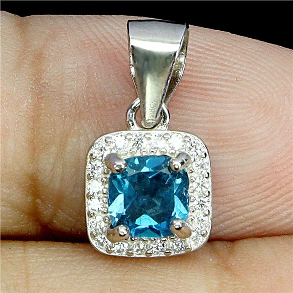 CUSHION CUT LONDON BLUE TOPAZ PENDANT IN 14K WHITE GOLD OVER 925 STERLING SILVER - APPRAISED REPLACE