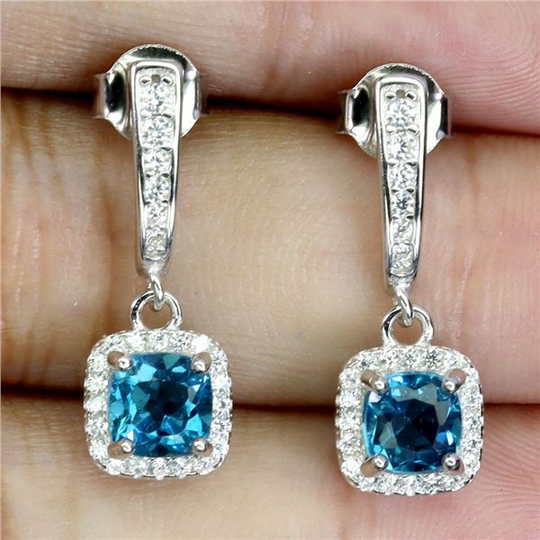 CUSHION CUT LONDON BLUE TOPAZ EARRINGS IN 14K WHITE GOLD OVER 925 STERLING SILVER - APPRAISED REPLAC