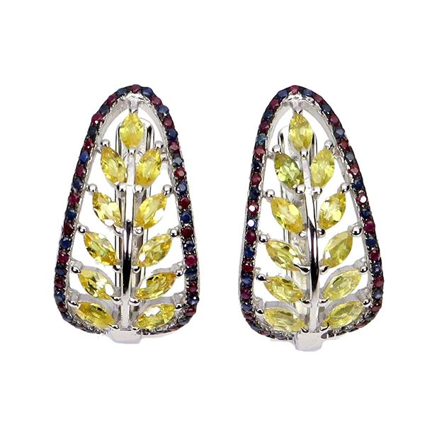 MARQUISE CUT UNTREATED CEYLON YELLOW SAPPHIRE EARRINGS WITH RUBIES AND BLUE SAPPHIRES IN 14K WHITE G