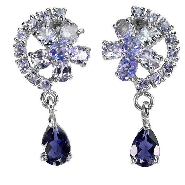 PEAR CUT IOLITE AND TANZANITE EARRINGS IN 14K WHITE GOLD OVER 925 STERLING SILVER - APPRAISED REPLAC