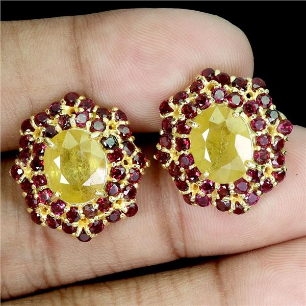 HUGE 10X8 MM YELLOW SAPPHIRE AND RHODOLITE GARNET EARRINGS IN 14K YELLOW GOLD OVER 925 STERLING SILV