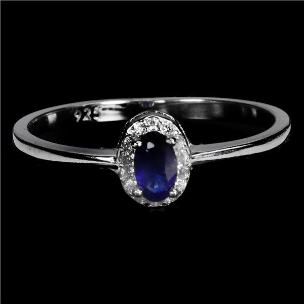 5X3 MM BLUE SAPPHIRE AND CZ RING IN 14K WHITE GOLD OVER 925 STERLING SILVER - SIZE 8 - APPRAISED REP