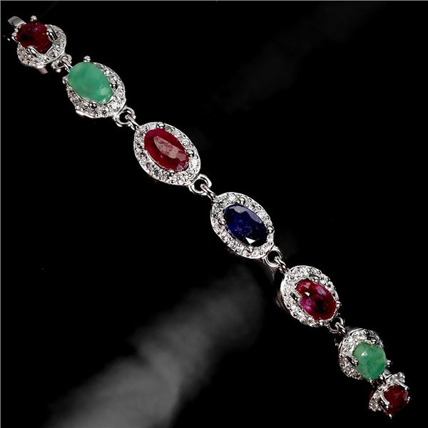 EMERALD, RUBY AND BLUE SAPPHIRE BRACELET 5X3 MM GEMSTONES - 7.5 INCHES LONG - IN 14K WHITE GOLD OVER