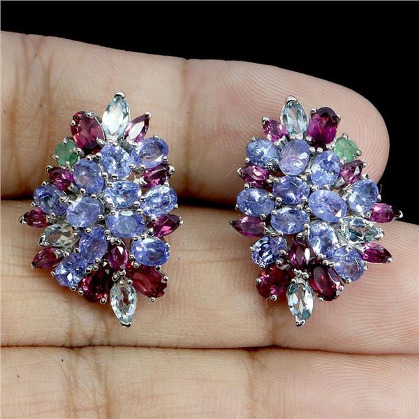 TANZANITE, EMERALD, RHODOLITE GARNET AND SKY BLUE TOPAZ EARRINGS IN 14K WHITE GOLD OVER 925 STERLING