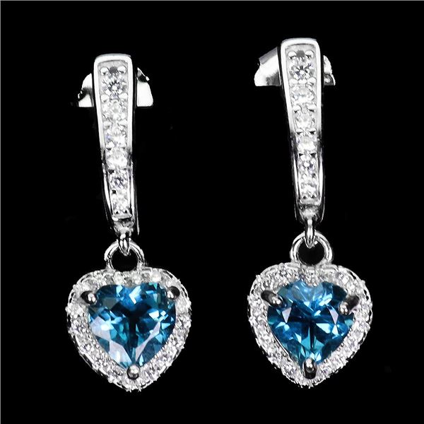 HEART-SHAPED LONDON BLUE TOPAZ EARRINGS IN 14K WHITE GOLD OVER 925 STERLING SILVER - APPRAISED REPLA