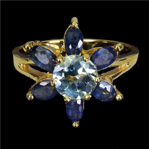 MM BRILLIANT CUT SKY BLUE TOPAZ AND BLUE SAPPHIRE RING IN 14K WHITE GOLD OVER 925 STERLING SILVER - 