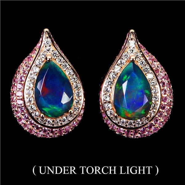 BIG 9X6 MM PEAR CUT BLACK OPAL AND CZ EARRINGS IN 14K ROSE GOLD OVER 925 STERLING SILVER - APPRAISED