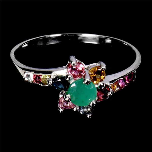 ROUND CUT EMERALD AND TOURMALINE RING 14K WHITE GOLD OVER 925 STERLING SILVER - SIZE 9 - APPRAISED R