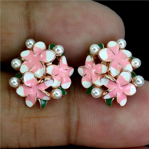 MOTHER OF PEARL AND ENAMEL EARRINGS IN 14K WHITE GOLD OVER 925 STERLING SILVER - SIZE 7
