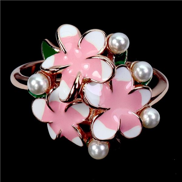 MOTHER OF PEARL AND ENAMEL RING IN 14K WHITE GOLD OVER 925 STERLING SILVER - SIZE 7