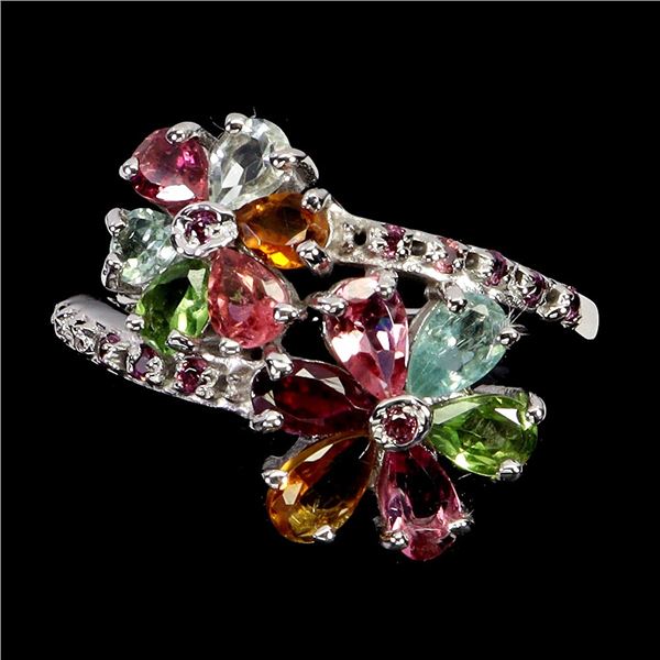COLORFUL TOURMALINE AND RHODOLITE GARNET FLOWER-SHAPED RING IN 14K WHITE GOLD OVER 925 STERLING SILV