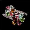 Image 1 : COLORFUL TOURMALINE AND RHODOLITE GARNET FLOWER-SHAPED RING IN 14K WHITE GOLD OVER 925 STERLING SILV