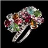 Image 2 : COLORFUL TOURMALINE AND RHODOLITE GARNET FLOWER-SHAPED RING IN 14K WHITE GOLD OVER 925 STERLING SILV